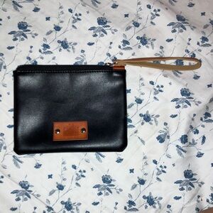 Black Leather Wristlet with Tan Strap